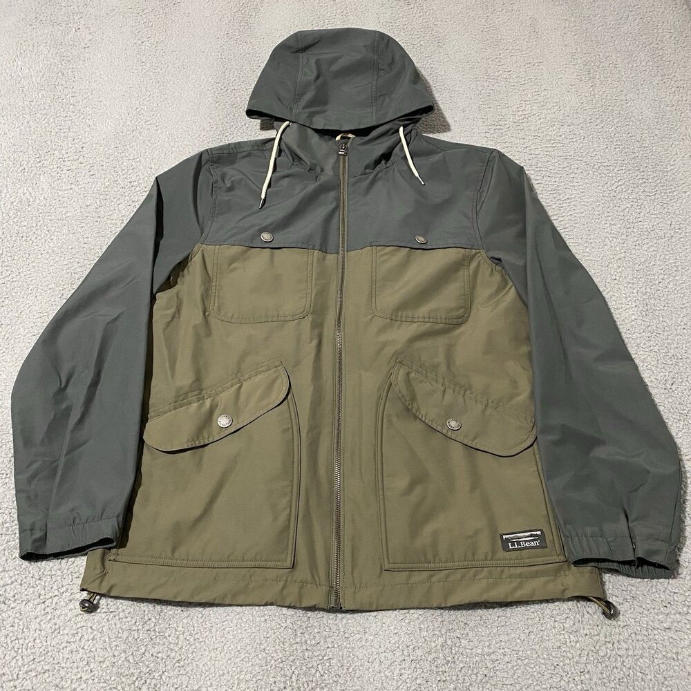 LL Bean Signature Jacket Mens Medium Gray Green Lined Hooded Full Zip 503866